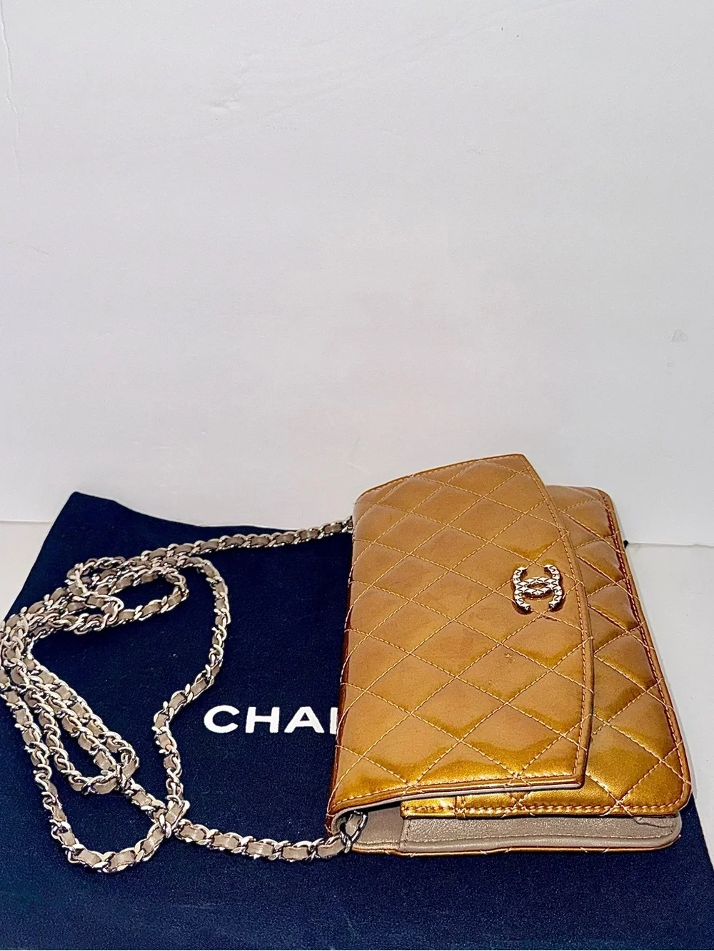 CHANEL Metallic champagne Patent Quilted WOC Silver Hardware RARE Color